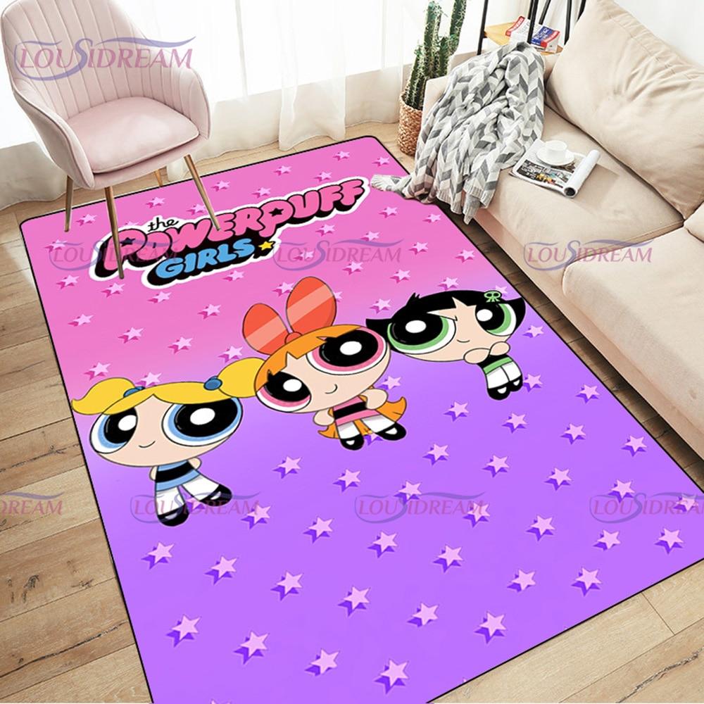 Alfombra de dibujos animados con estampado de Chicas Superpoderosas, decoración para sala de estar y dormitorio, alfombra antideslizante para baño, felpudo para suelo en el pasillo