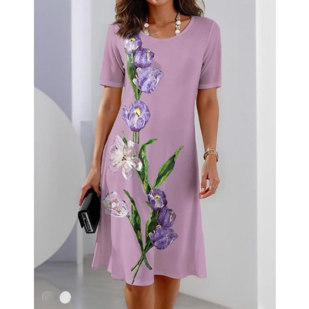 Sukienka z okrągłym dekoltem, nadrukiem w kwiaty, dopasowana do talii, elegancka sukienka dla kobiet, z krótkim rękawem, luźna sukienka na co dzień