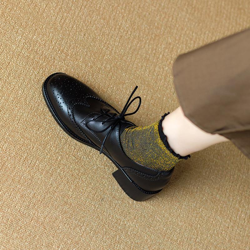 Fashion Women Oxford Shoes Spring/Autumn Women Shoes Genuine Leather Shoes for Women Brogues Vintage Lace Up Casual Brown Handmade Pumps