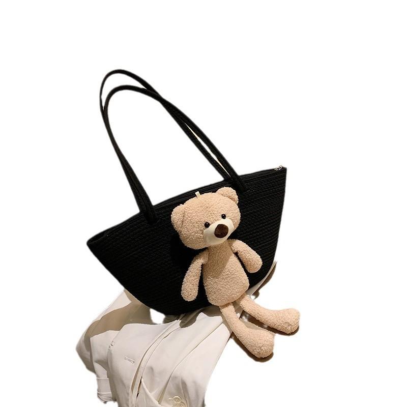 Woven Bag Large Capacity Ethnic Style Plush Bear Cute Straw Bag Shoulder Bag Travel Beach Bag