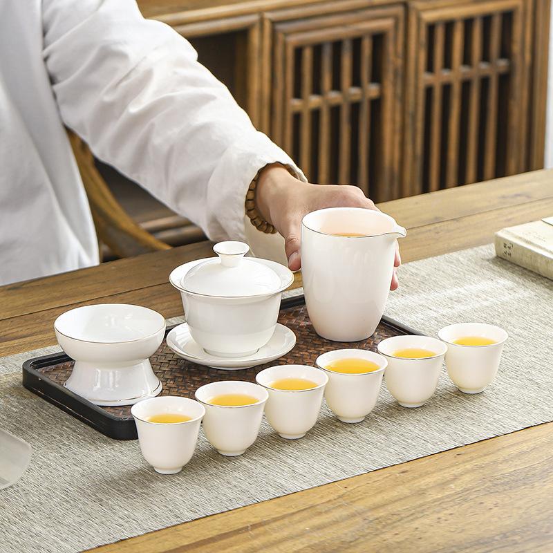 Dehua White Porcelain Kung Fu Tea Set Household Cover Bowl Gold-painted Guochao Gift Box