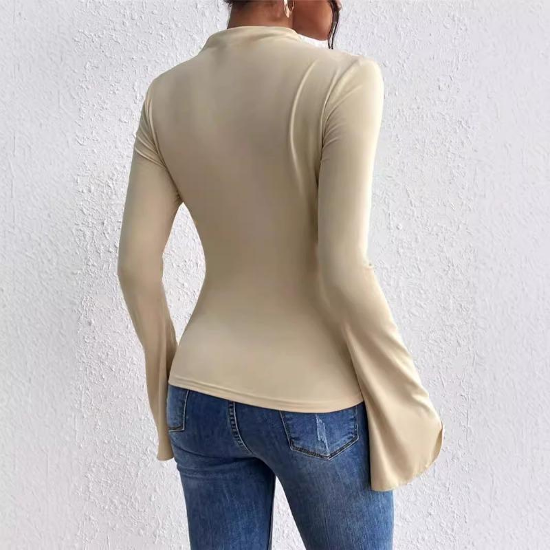 New Autumn Winter Versatile Pleated European American Bell Sleeve Tees Stand Collar Slim Tops Fit Women's T-Shirt