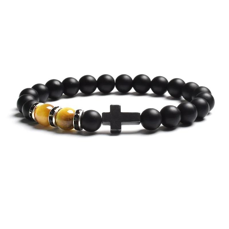 Fashion Religion Cross Men Women 8mm Natural Stone Tiger Eye & Black Matte Agates Bead Bracelet Elastic Bracelet Bangle Jewelry