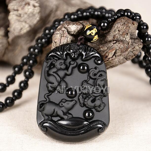 Naturalny Czarny Obsydian Rzeźbiony Chiński Starożytny Dwanaście Zwierząt Zodiaku Szczęśliwy Amulet Wisiorek Koraliki Naszyjnik Modny Prezent Biżuteria