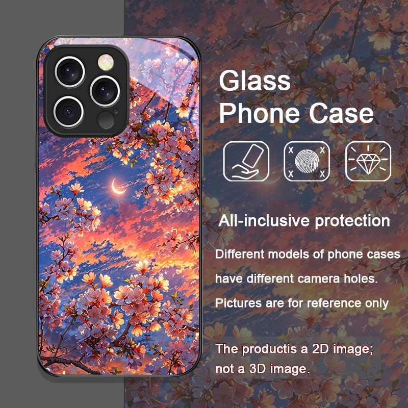 Moon Cherry Blossom Pattern Scenery Tempered Glass Phone Case for iPhone 17 16 Pro Max 15 14 13 12 11 Mini XS XR 7 8 Plus Cover
