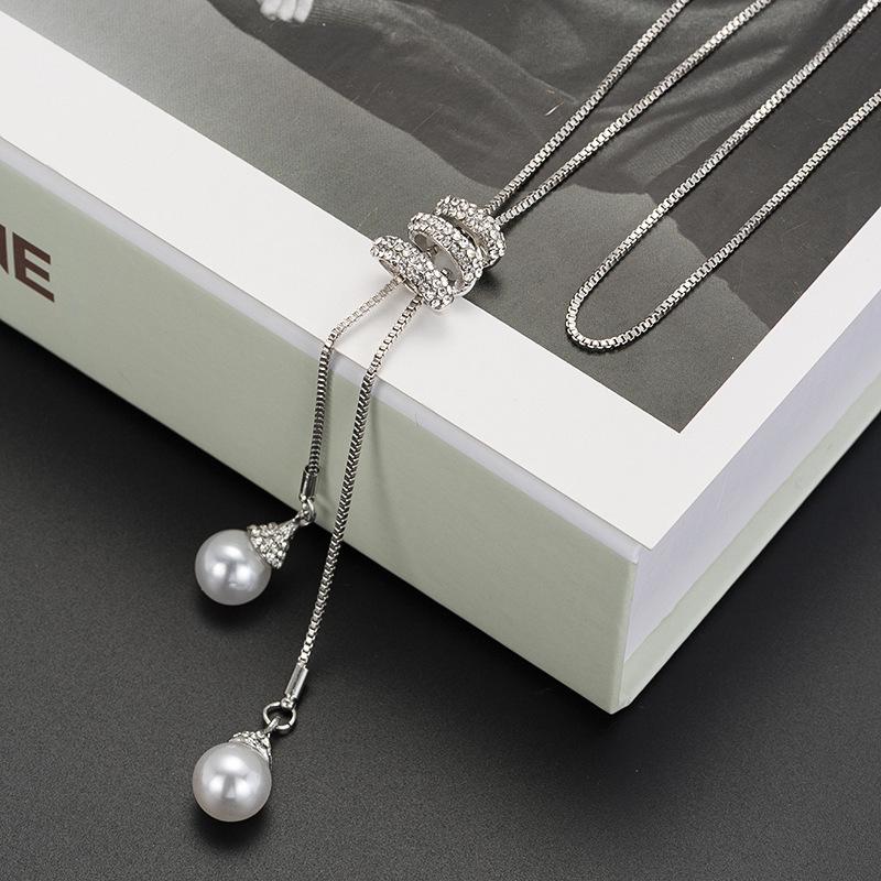 Korean Tassel Sweater Necklace with Faux Pearl Pendant for Women
