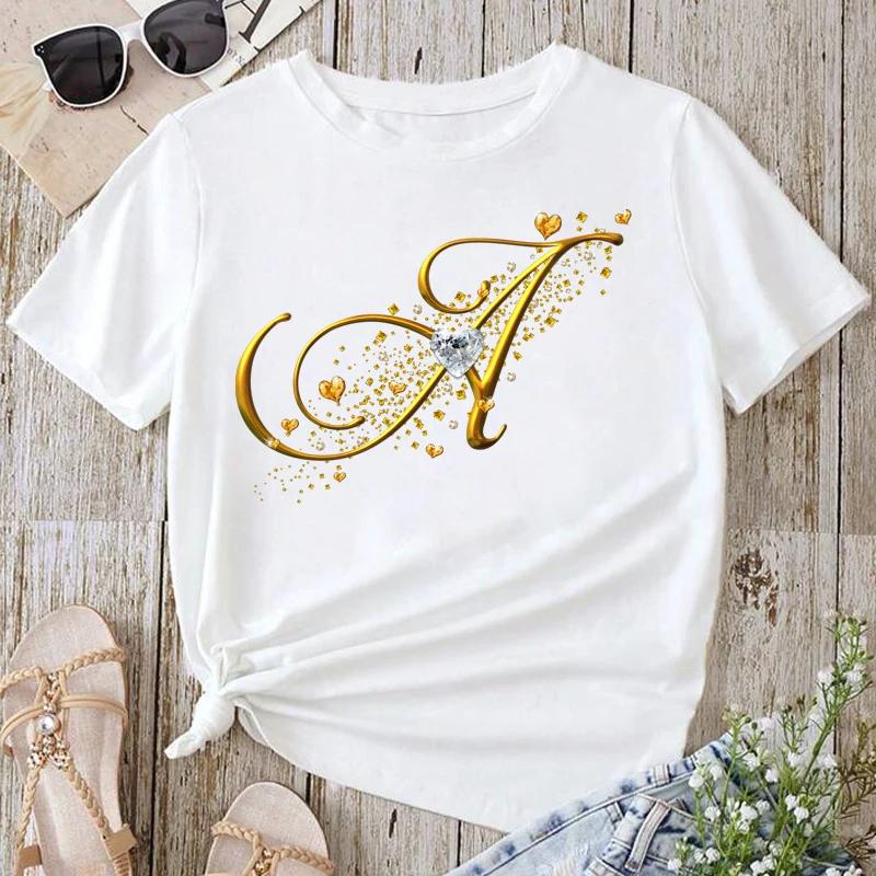 

Custom Name Letter Combination Fashion Women s T-shirt Diamond Gold Letter Font A B C D E F G Short Sleeve Tops White Cotton T-shirt S