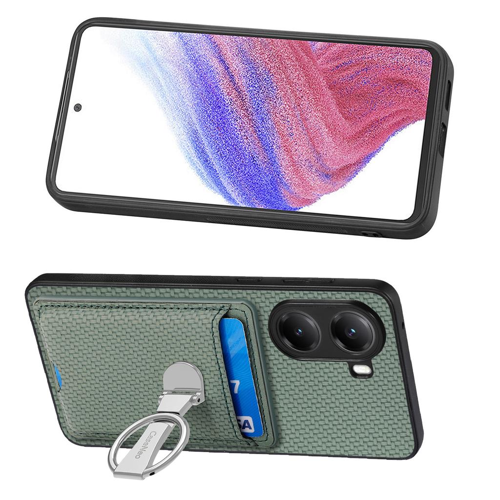 For Xiaomi Poco X7 Pro 5G/Xiaomi Redmi Turbo 4 5G Bakdeksel i skinn med støtte og kortlommer Karbonfibermønster