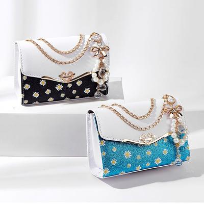 Women Fashion Daisy Pattern Shoulder Bag Hardware Chain Strap Color Block Messenger Sequin Handbag Casual Tote