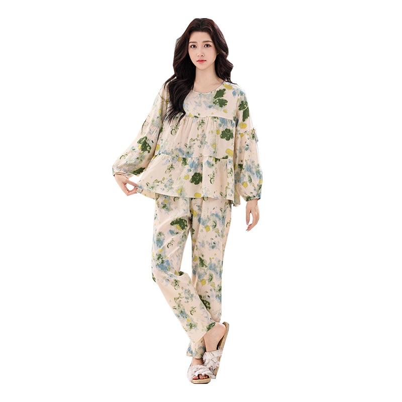 Casual long-sleeved women's pajamas, faux cotton and silk, simple casual suit, underwear, green women's thin women's loungewear