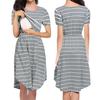 Sommer-Stillkleid für Mütter, vorne zu öffnen, gestreift, runder Halsausschnitt, unregelmäßiger Saum, kurze Ärmel, Nachthemd für Schwangere, Midikleid