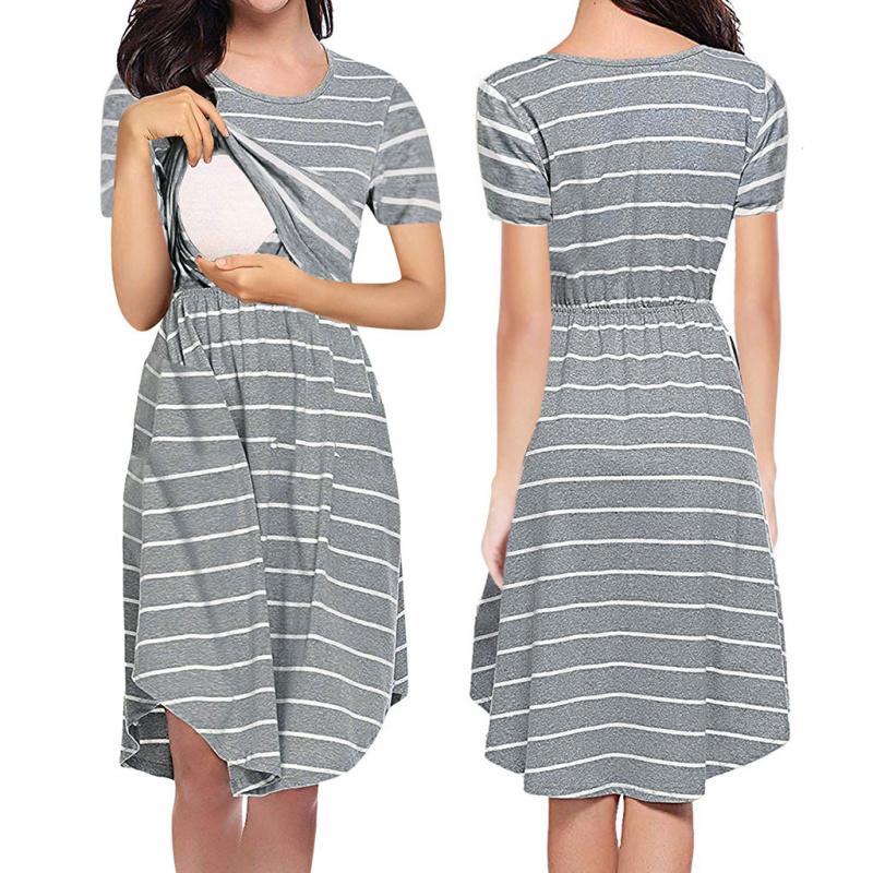 Sommer-Stillkleid für Mütter, vorne zu öffnen, gestreift, runder Halsausschnitt, unregelmäßiger Saum, kurze Ärmel, Nachthemd für Schwangere, Midikleid