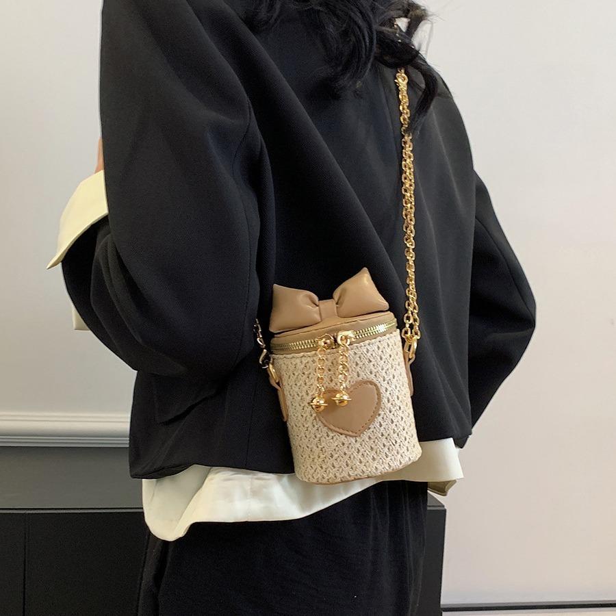 Women's Cylind Fabric Straw Sack Small Bag Fashion Love Shoulder Bag Barrel-shaped Crossbody Chain Bag