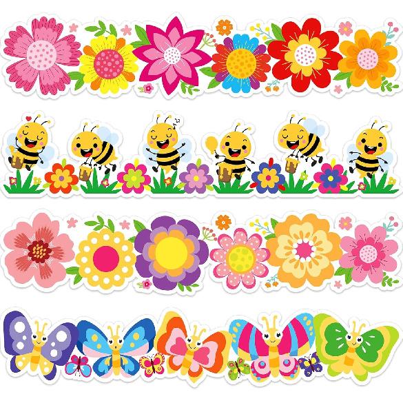 60 Pcs Floral Bulletin Board Borders Black Wild Flower Scalloped Self-Adhesive Border Trim Sticker Decals for Home Classroom Spring Party Wall