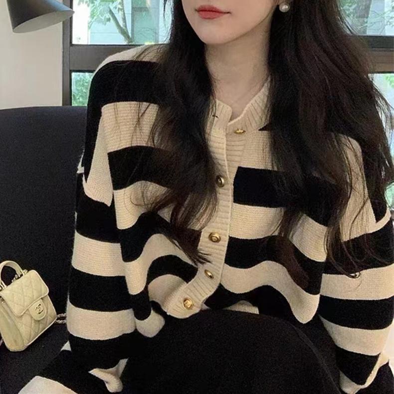 Color Block Striped Women's Sweater Lazy Style Knit Cardigan Korean-Style Fashionable Loose Crew Neck