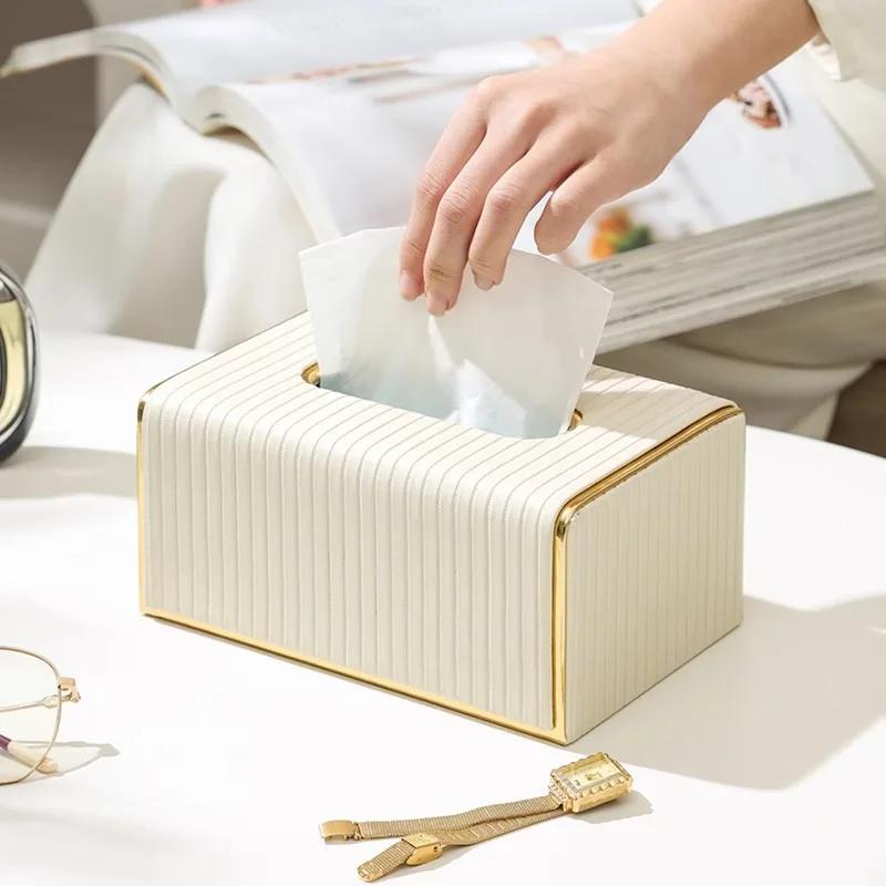 1 Piece Scandinavian Style Faux Leather Tissue Box - Gold Stripe Rectangle Design for Living Room, Dining Room or Bathroom