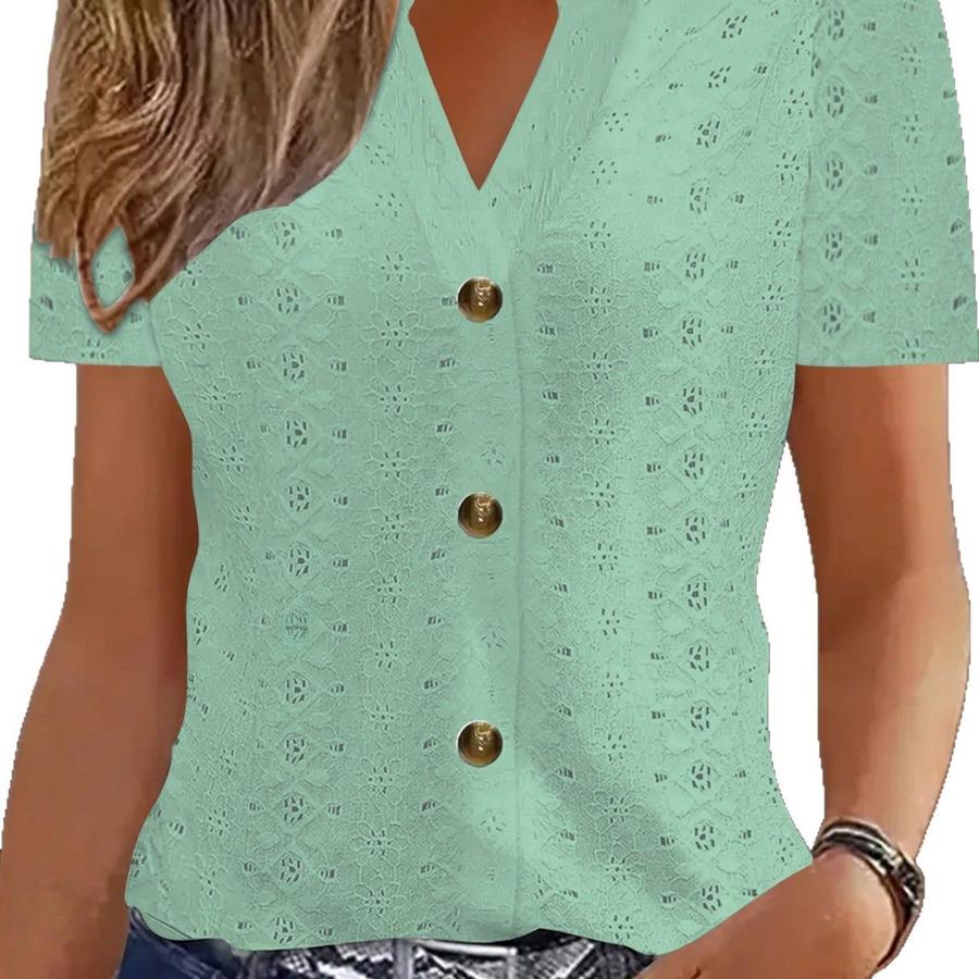 Summer New Women's Fashion Casual Solid Color Button V-Neck Short Sleeve T-Shirt