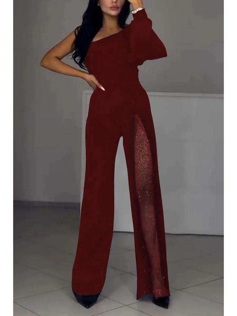 2024 European & American Autumn/Winter High Slit One-Shoulder Women's Jumpsuit