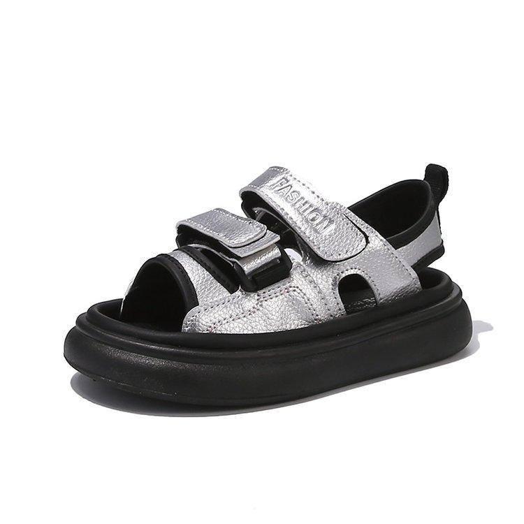 

Soft leather version~ Children s sandals 2025 summer new boys versatile shoes Korean version of girls platform beach shoes 36 серебряный