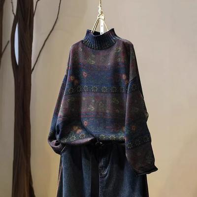 Vintage Floral Print Mock Neck Casual Loose Sweater Woman Autumn Fashion Cotton Long Sleeves Sweater