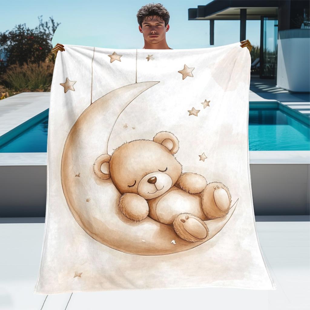 1pc Bear On Moon Blanket- Lightweight Throw for Sofa, Outdoor, Camping, Livingroom, Office, Chair, and Bed - Digital Printing Soft and Warm