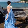 French Ruffle Edge Blue Holiday Neck Tube Top Dress Female Backless Birthday Date Dress