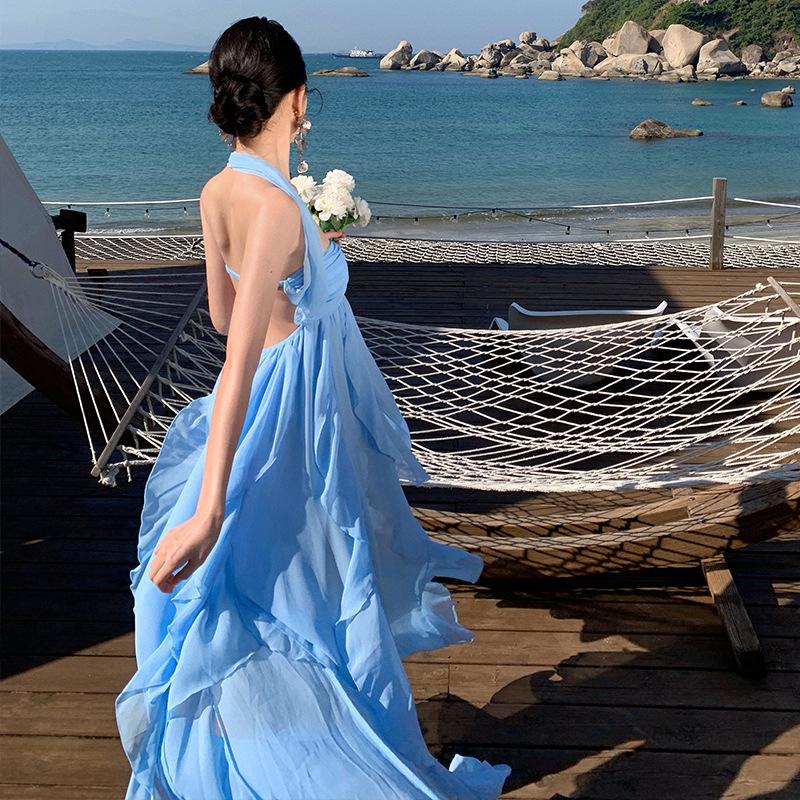 French Ruffle Edge Blue Holiday Neck Tube Top Dress Female Backless Birthday Date Dress
