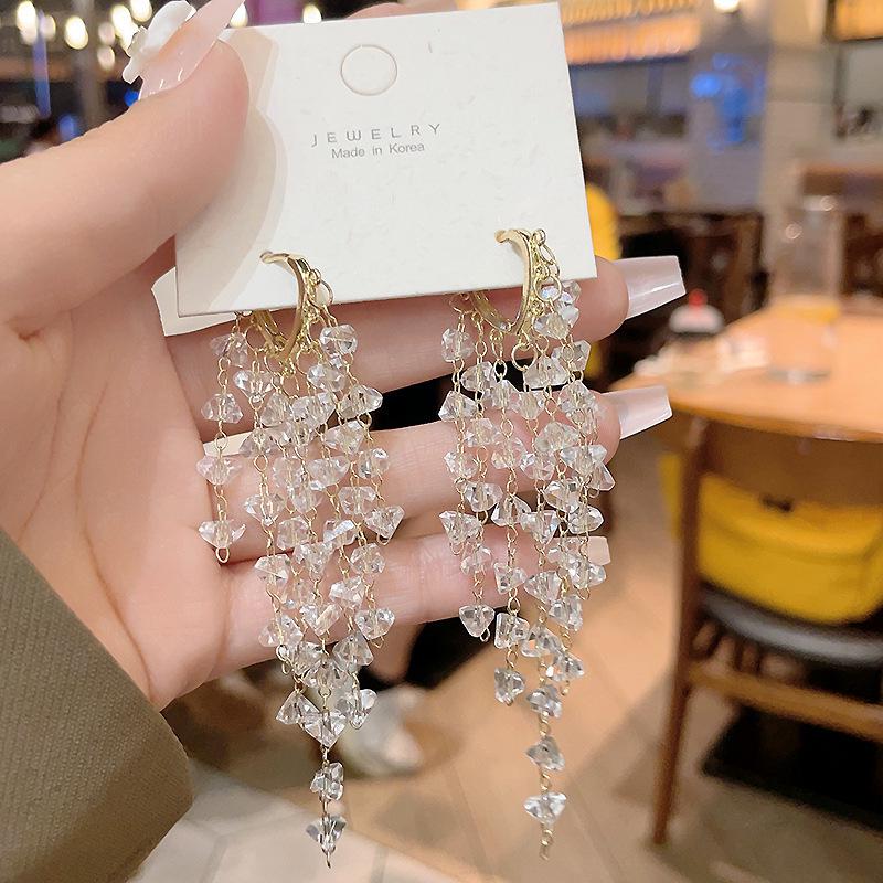 S925 Silver Needle Rhinestone Tassel Earrings - Exquisite Long Claw Chain with Colored Diamonds, European & American Style