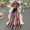 Women Jumpsuits Fashion V Neck Lace Up Loose Wide Legs Pants  New Design OL Color Block Stripe Bodysuits