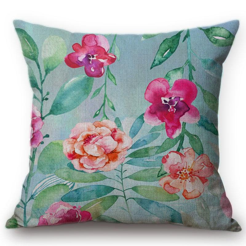 Flower Pattern Cotton Linen Cushion Cover Vintage Watercolor Flowers Decorative Pillowcase Waist Throw Pillow Cover Cojines