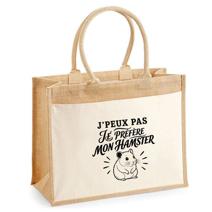 Sac Cabas - PLANETEE - J’peux pas je préfère mon Hamster - Toile de jute et coton - 21 L (43×33×21 cm) - Illustration au trait noir