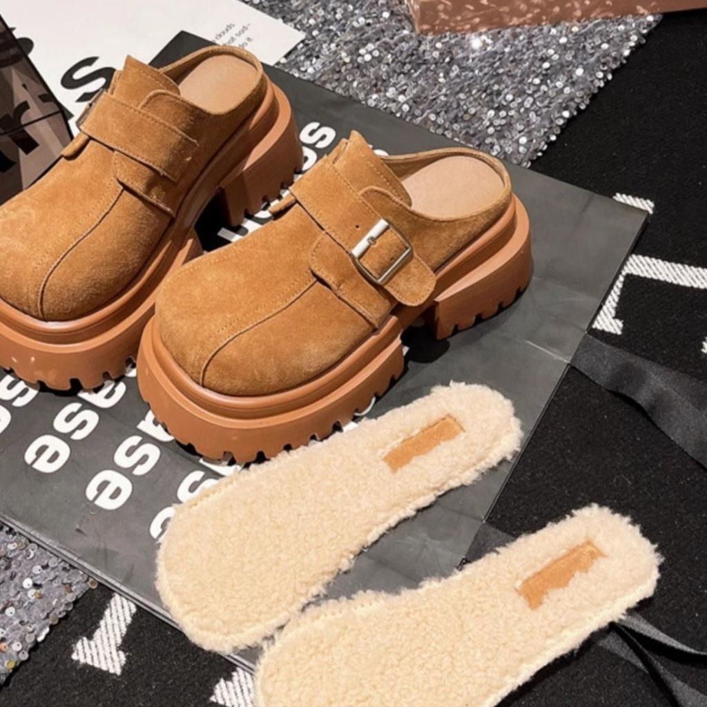 Wear Retro Versatile Small Man Height Increase with Slippers Women 2025 Winter Muffin Thick-bottomed Bag Head Half Slippers Tide Hundred