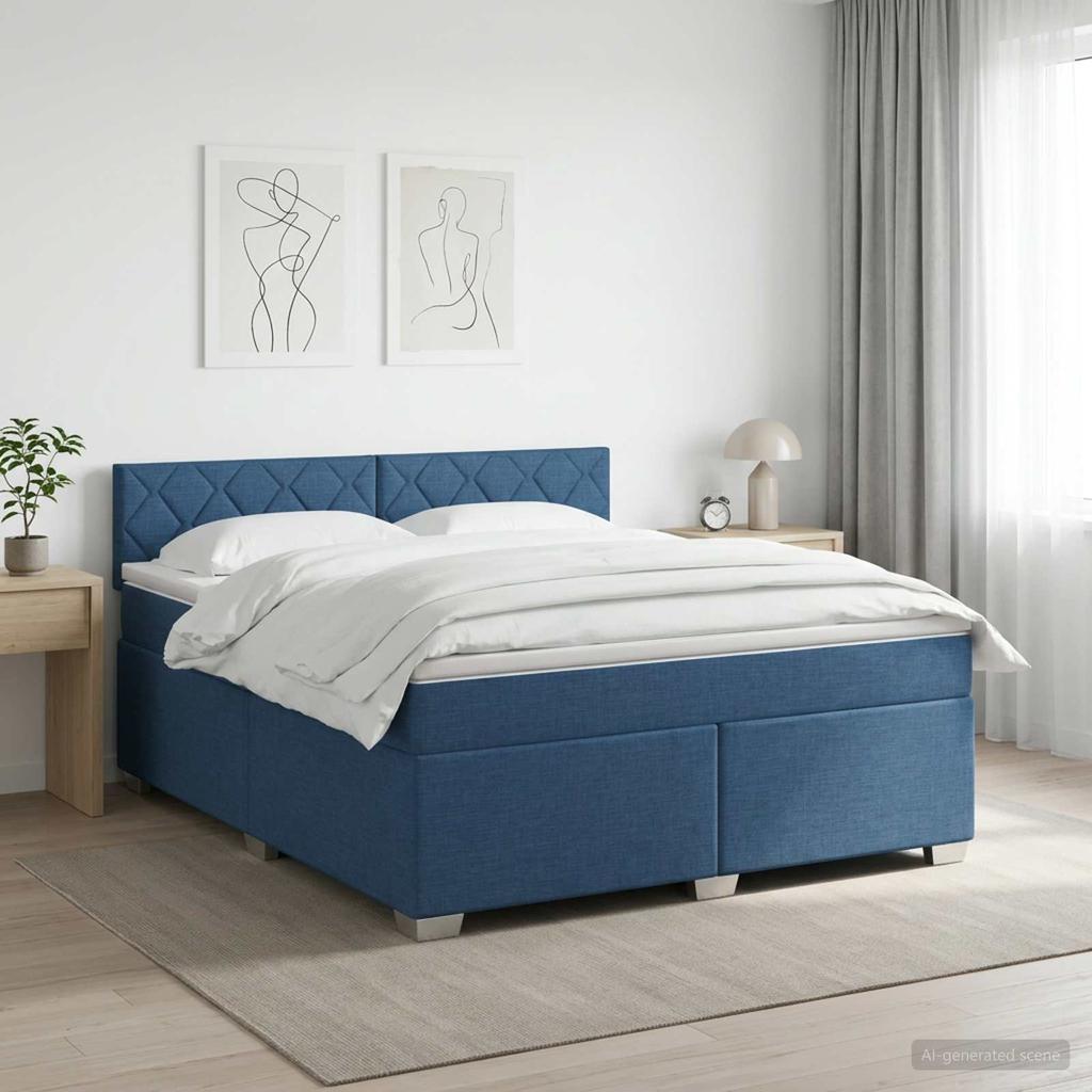 Box Spring Bed with Mattress and Headboard Blue 140 X 190 Cm Fabric