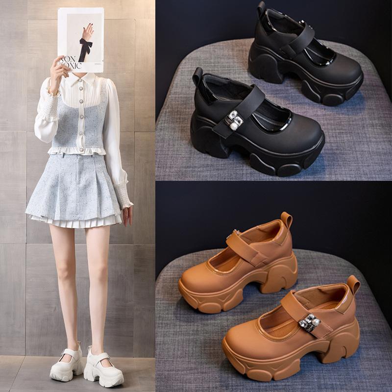 British style high-heeled Velcro small leather shoes women's autumn 2025 new thick-heeled waterproof table shallow mouth Mary Jane shoes