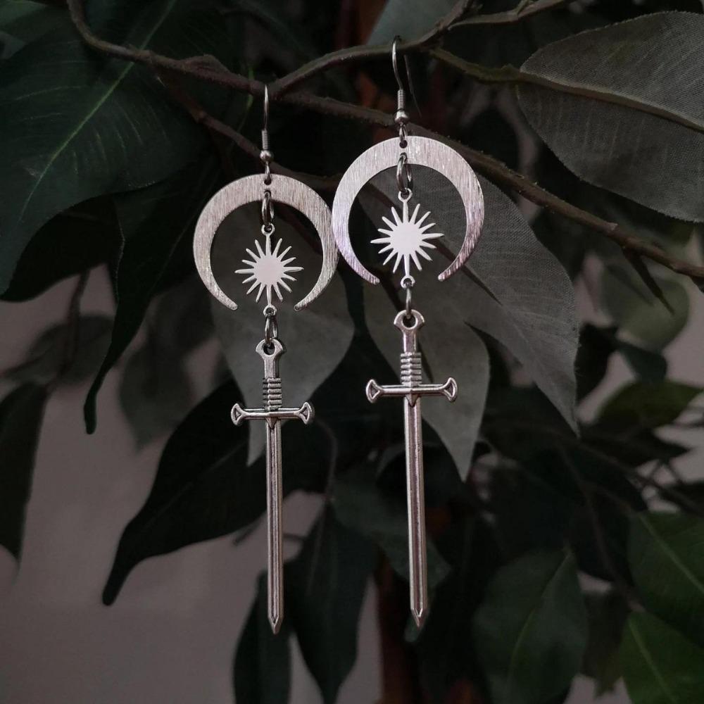 Gothic Personality Sliver Color Crescent Moon Sun Long Sword Pendant Dangle Earrings for Women Halloween Party Witch Jewelry