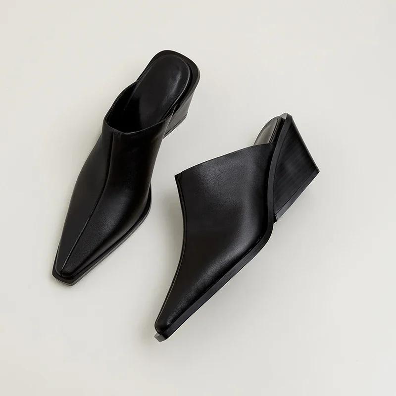 Modemarke Damen Echte Leder Mules Mittlere Klobige Absätze Keile Hausschuhe Damen Lässig Büro Schuhe Frau Sandalen De Mujer
