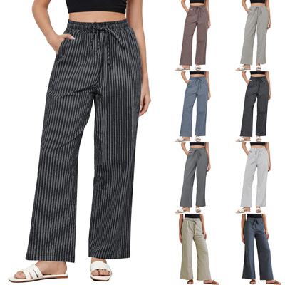 Striped Pants For Women High Waisted Wide Leg Cotton Linen Trendy Beach Pull On Elastic Waist Casual Flowy Pants