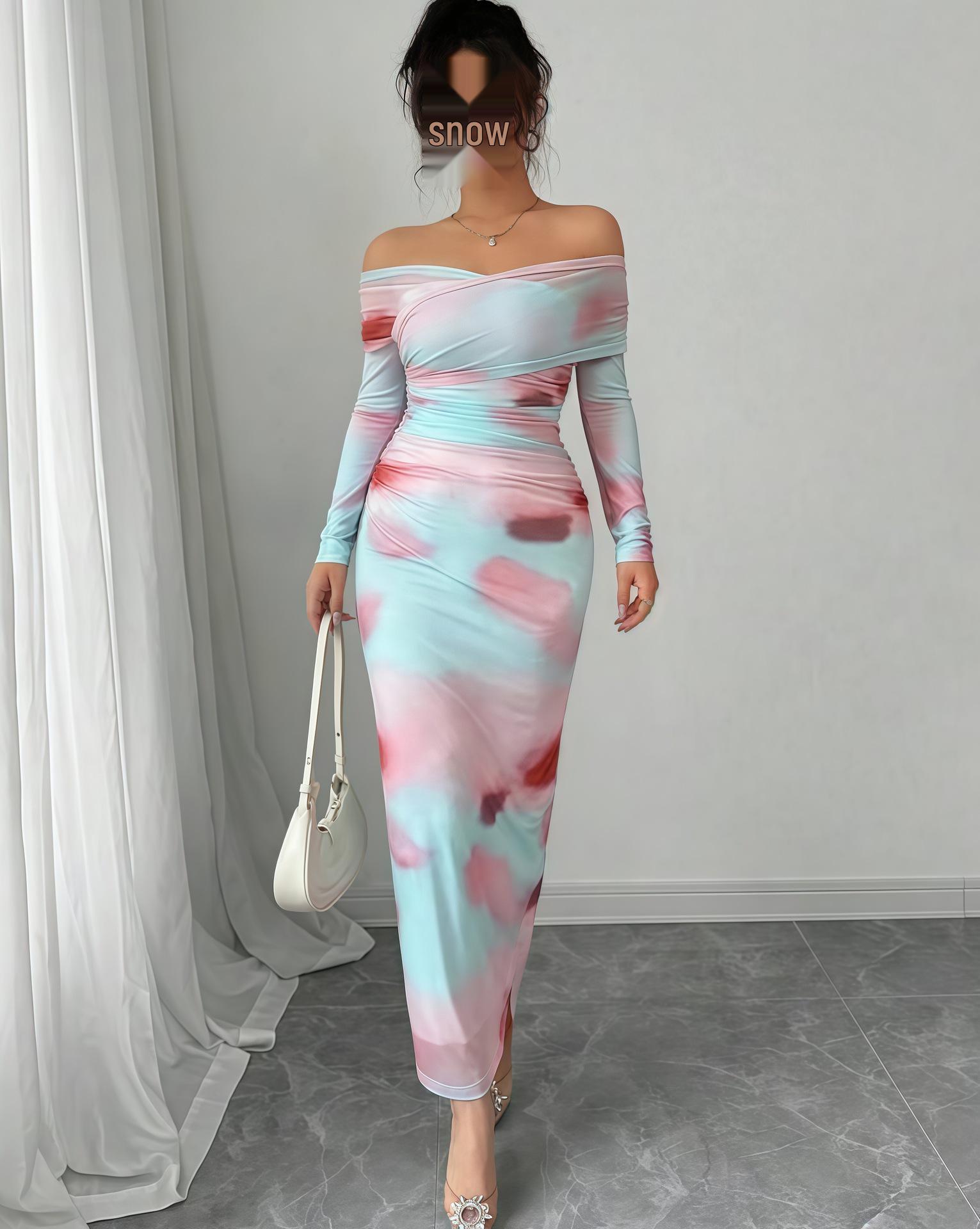 

2025 Early Autumn Women s Long-Sleeve Off-Shoulder Print Dress Medium цветочные печати