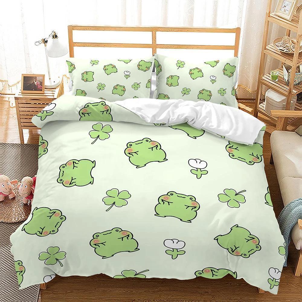 

Cute Frog Bedding Set cartoon Green Animal Down Duvet Cover Queen King Double Duvet Cover Pillowcase 2/3pc Gift Soft Bedroom Decoration Baby 100x135cm