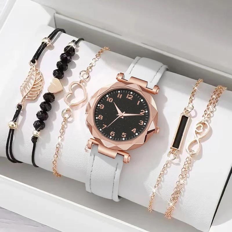 Fashionable Simple Trendy Round Dial Leather Strap Women's Quartz Watch Bracelet Set for Christmas and Thanksgiving Gifts