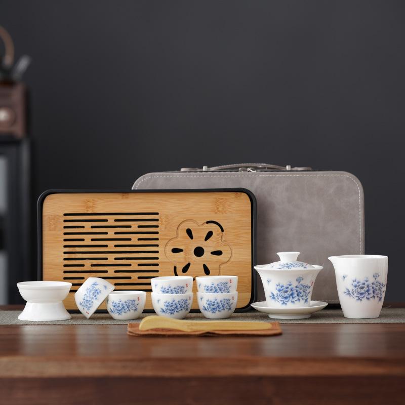 Ceramic national style peony tea maker meets guests with a complete set of teacups, kung fu cover bowls, office simple household tea set