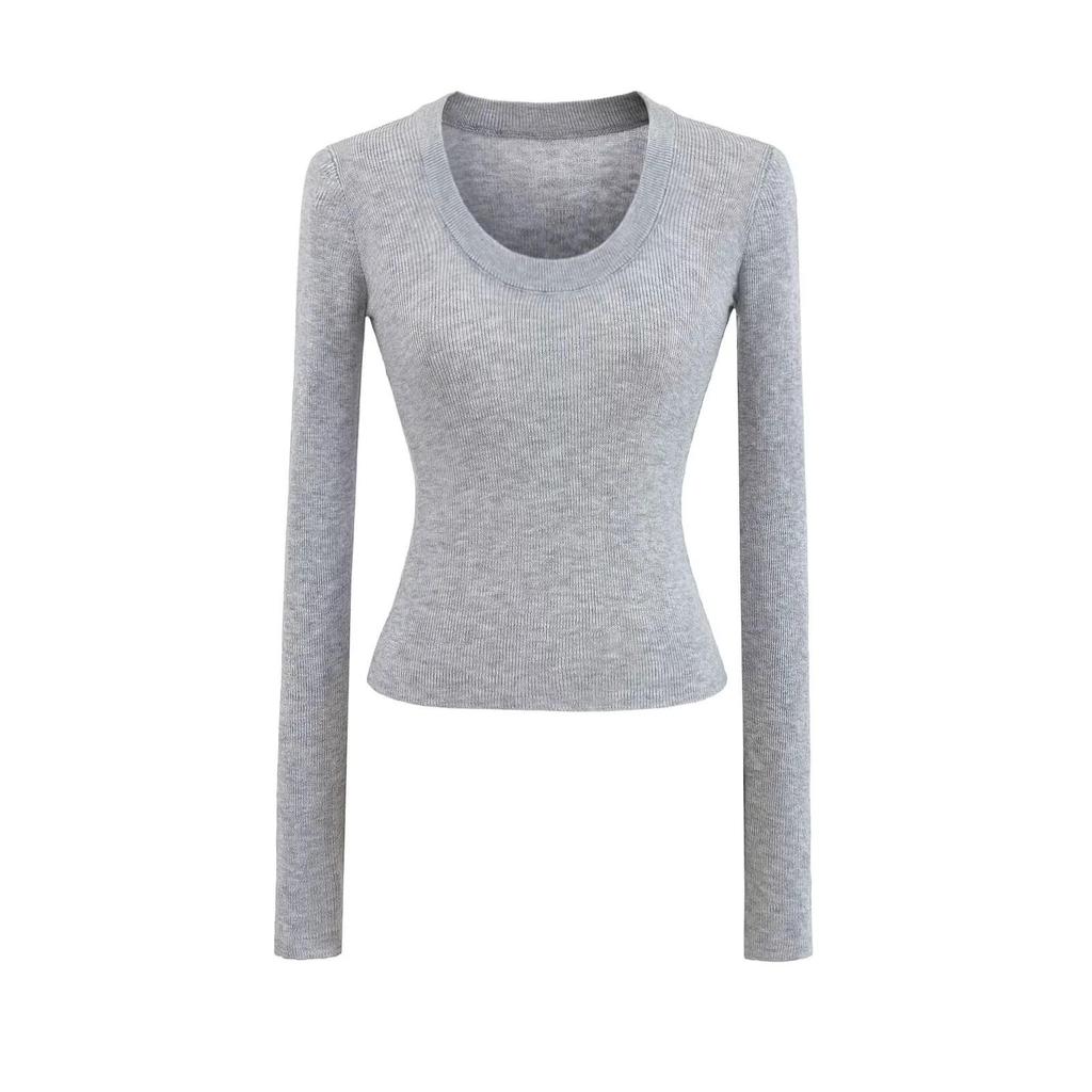 2025 Spring U-Neck Wool Knitwear: Sheer, Slim Fit, Long Sleeve Top