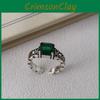 Chic Retro Floral Pattern Green Zircon Ring Stylish High-quality Adjustable Band