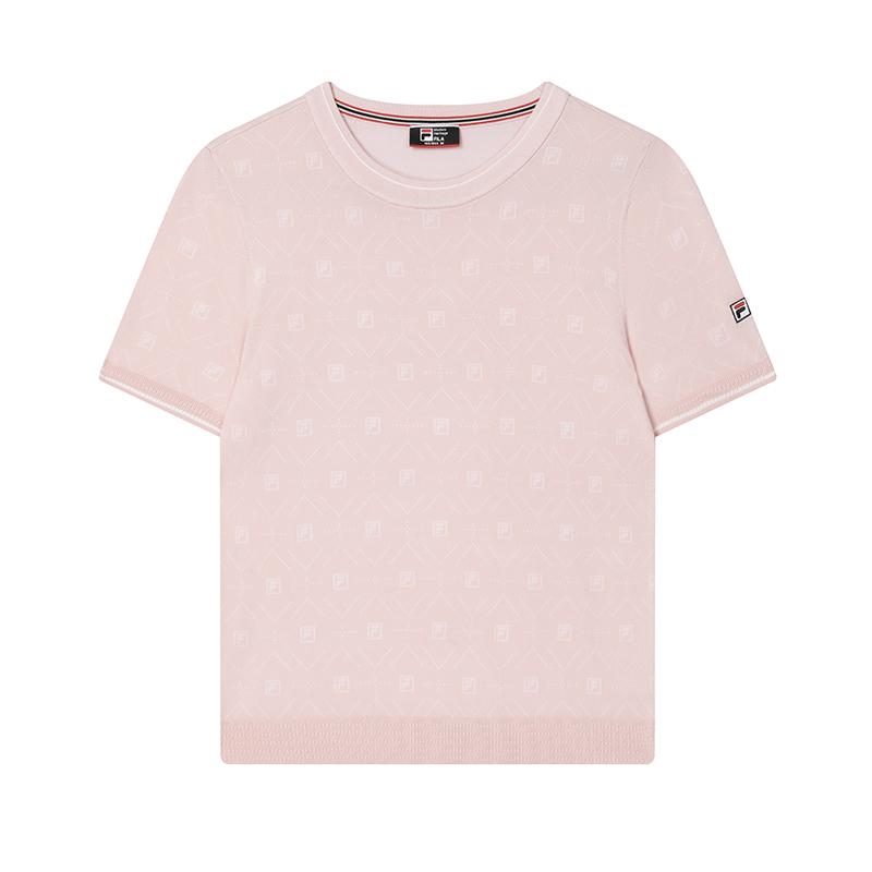 Fila Solid Color All Over Print Casual Round Neck Short Sleeve Knit Top Women Tops Light-Cherry-Blossom-Pink F11W421407FPK