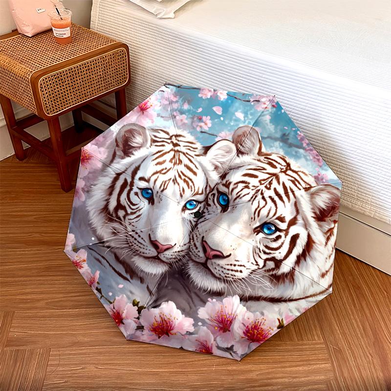 1 PC Automatic Folding Umbrella - White Tiger Pattern, Portable & Foldable Design with 8 Ribs, Christmas Birthday Gifts