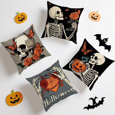 Home Decor Skeleton & Rose Halloween Themed Pillow Covers Pattern Cushion Cover Suitable for Sofa Bedroom Car Pillow Cover