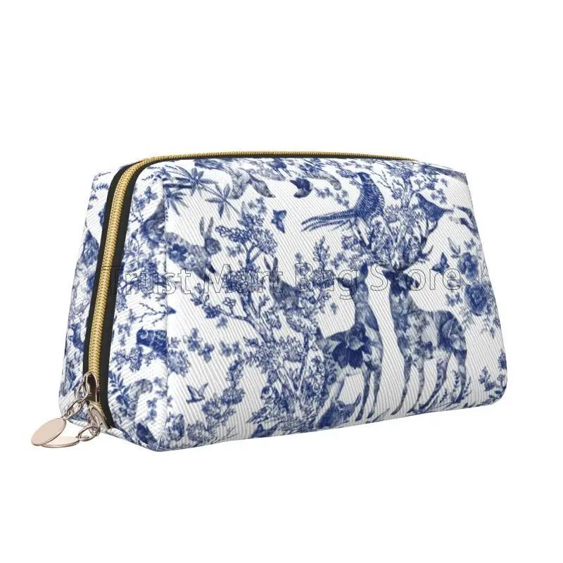 Franse Landelijke Make-uptas Retro Toile De Jouy Leer Reizen Cosmetica Organizer Vrouwen Grote Capaciteit Waterdichte Toiletartikelen Tas