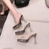 Summer New One-word Belt Sexy Transparent High-heeled Sandals Women's Head Fashion Waterproof Table Silver High-heeled Slippers Women