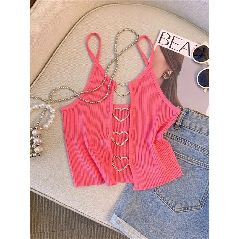 

Новый сексуальный однотонный укороченный топ без рукавов в рубчик, топ на бретельках с декором в форме сердца для женщин, идеально подходящий для весны и лета