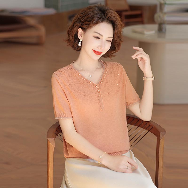 

Women s Summer Ice Silk Short-Sleeve Age-Defying Top, Lightweight Knit T-Shirt for Middle-Aged and Elderly. 3XL (120-135 lbs)